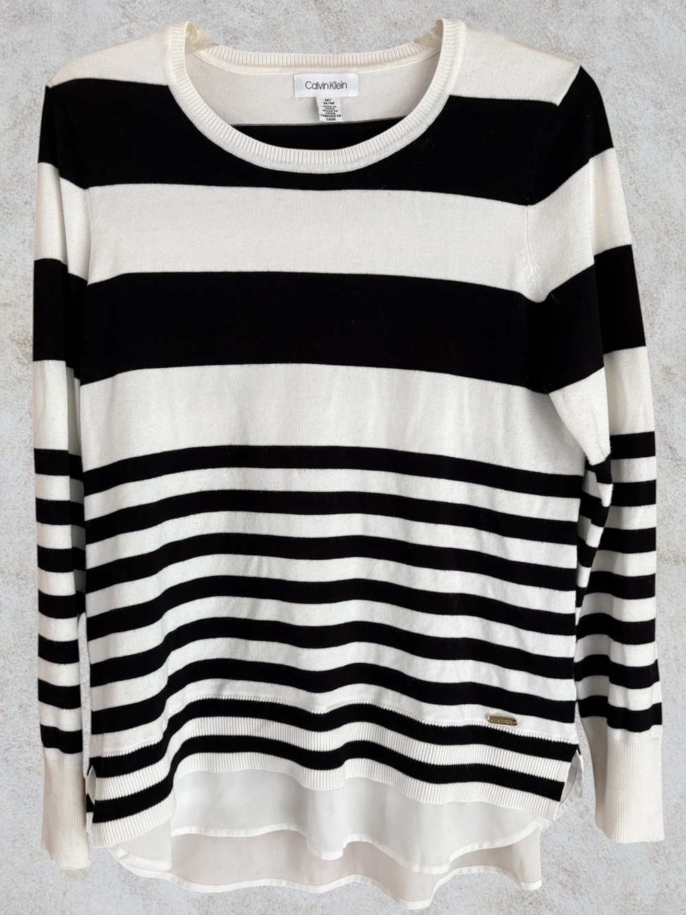 Women’s Calvin Klein Black and White Striped Crewneck Sweater Size M